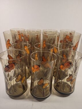Vintage Libbey Smoked Monarch Butterfly & Wheat Tumbler Glasses Set Of 14